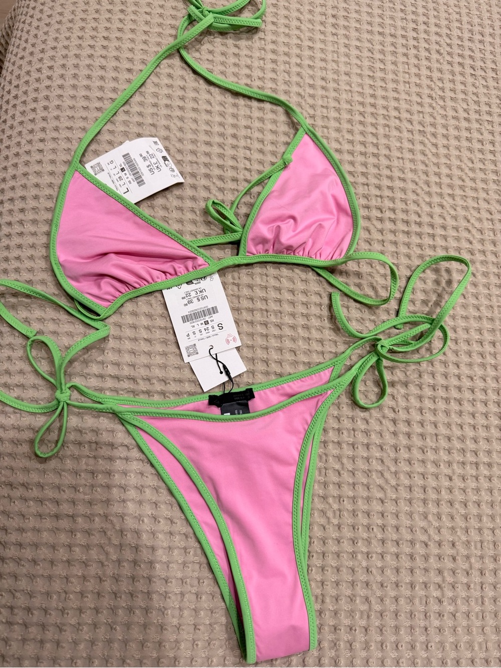 Zara Pink Bikini with Green Trim - Triangle Tie-Side Set